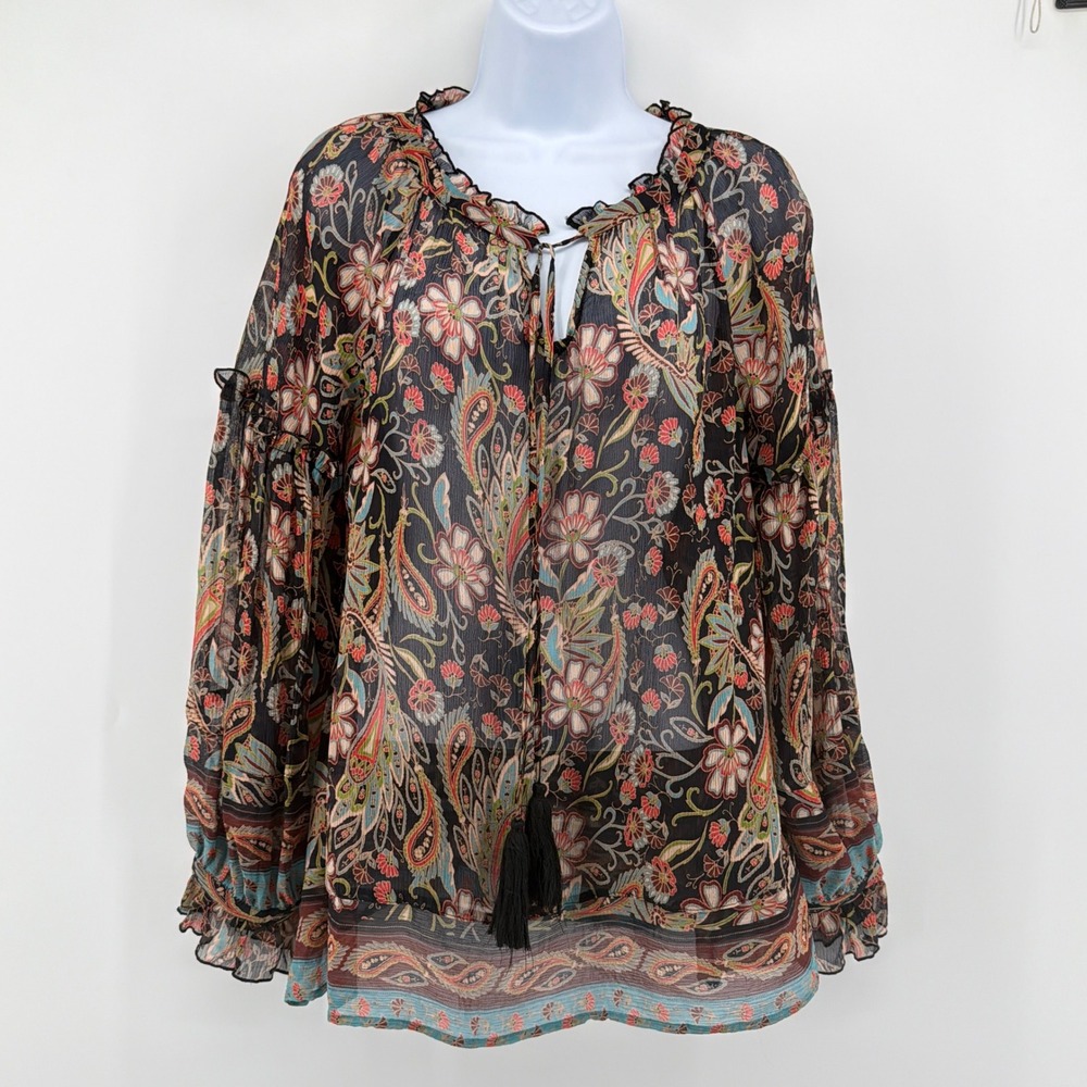 Sundance 100% Silk Paisley Floral Tassel Peasant Blouse Medium Boho Sheer Top